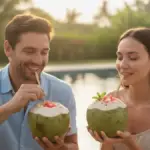 Casal tomando suco de melancia com água de coco