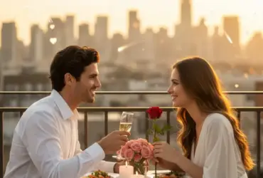 Imagem de um casal tomando vinho em uma mesa em uma sacada de restaurante, em comemoração ao Dia dos Namorados