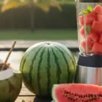 Coco e melancia ao lado do liquidificador