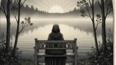 Pessoa em momento de reflexão solitária diante de um lago tranquilo ao amanhecer.