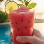 Segurando copo de suco de melancia na mão.