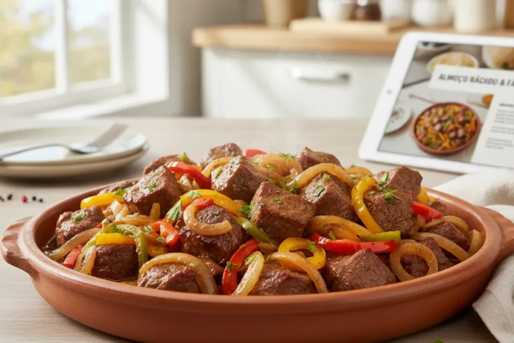 Alcatra acebolada com pimentão na pressão pronto, representando um almoço rápido e fácil, com destaque para a suculência da carne e o colorido dos pimentões.