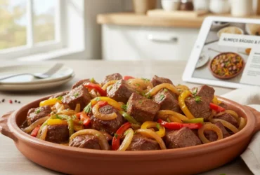 Alcatra acebolada com pimentão na pressão pronto, representando um almoço rápido e fácil, com destaque para a suculência da carne e o colorido dos pimentões.