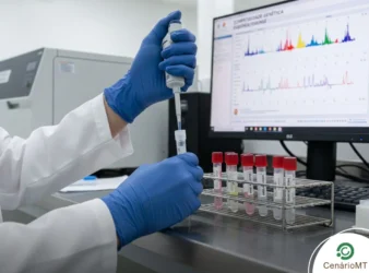Perito criminal em laboratório usando pipeta automática para transferir amostras biológicas em tubos de ensaio, com monitor ao fundo exibindo gráficos de análise de DNA forense.