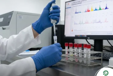 Perito criminal em laboratório usando pipeta automática para transferir amostras biológicas em tubos de ensaio, com monitor ao fundo exibindo gráficos de análise de DNA forense.
