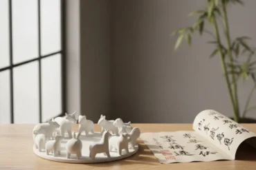 Representação artística dos signos do horóscopo chinês em ambiente sóbrio e iluminado.