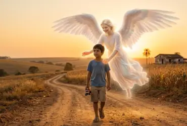 Anjo da guarda protegendo criança em estrada ao pôr do sol