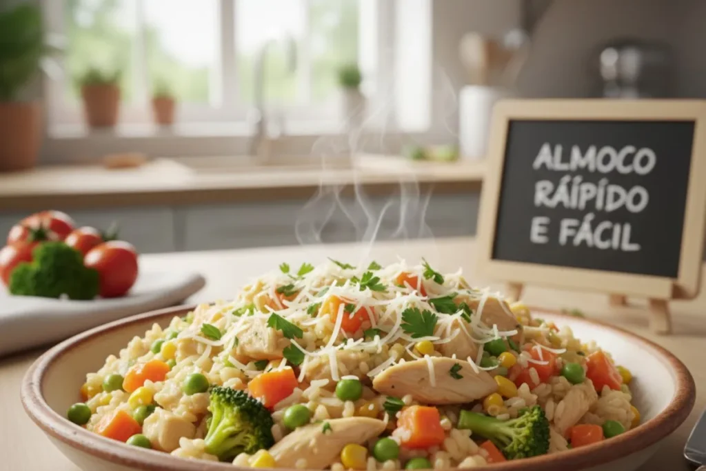 Arroz cremoso com frango e legumes pronto, representando um almoço rápido e fácil.