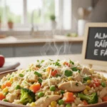 Almoço rápido e fácil: arroz cremoso de panela com frango e legumes