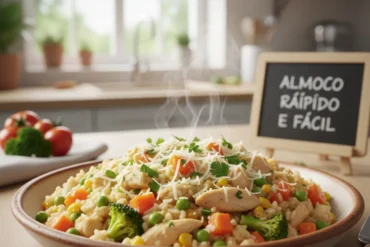 Arroz cremoso com frango e legumes pronto, representando um almoço rápido e fácil.