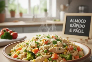 Arroz cremoso com frango e legumes pronto, representando um almoço rápido e fácil.