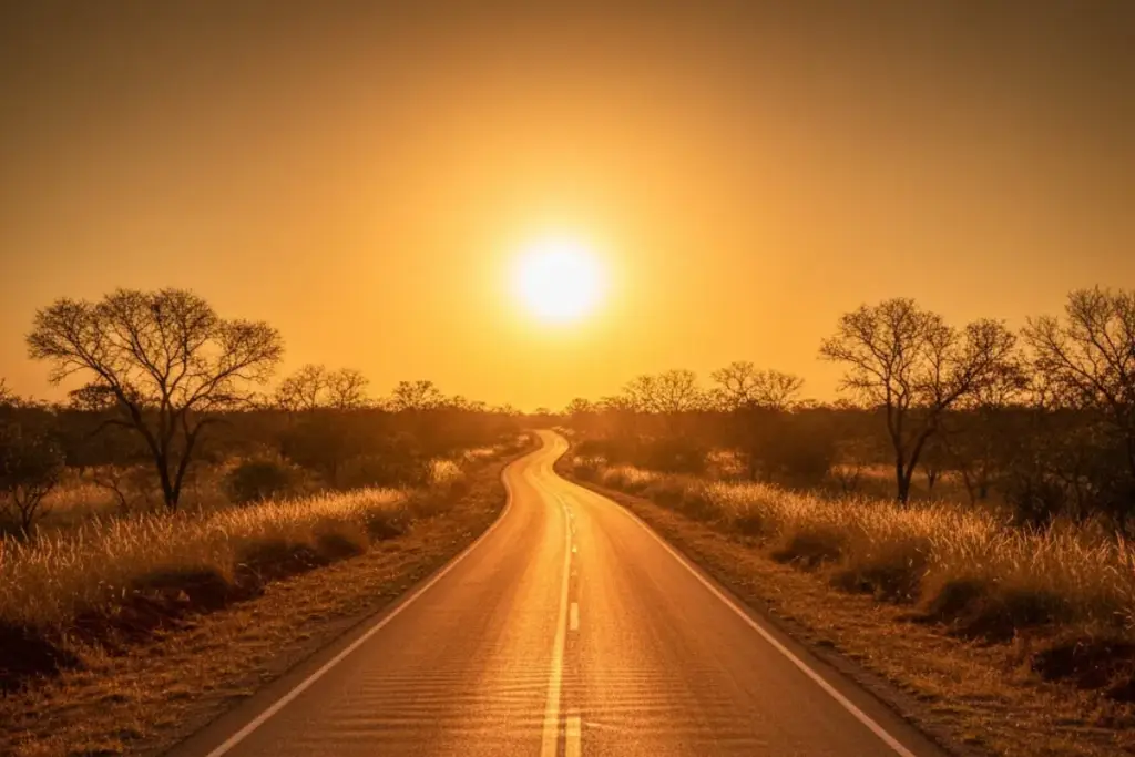 Imagem para ilustrar o clima quente, uma estrada no por do sol
