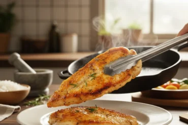 Filé de frango suculento preparado na frigideira para almoço rápido