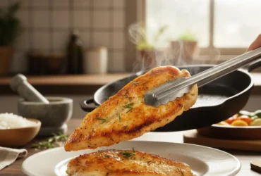 Filé de frango suculento preparado na frigideira para almoço rápido