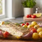 Almoço rápido e fácil: Filé de peixe ao forno com legumes em 25 minutos