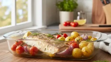 Filé de peixe ao forno com legumes pronto, representando um almoço rápido e fácil, com destaque para o colorido dos vegetais e o azeite.