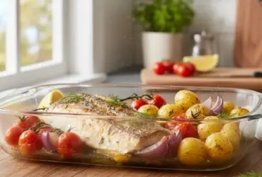 Filé de peixe ao forno com legumes pronto, representando um almoço rápido e fácil, com destaque para o colorido dos vegetais e o azeite.