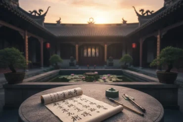 Pátio com arquitetura clássica chinesa e fonte de água, representando o equilíbrio do Horóscopo Chinês.