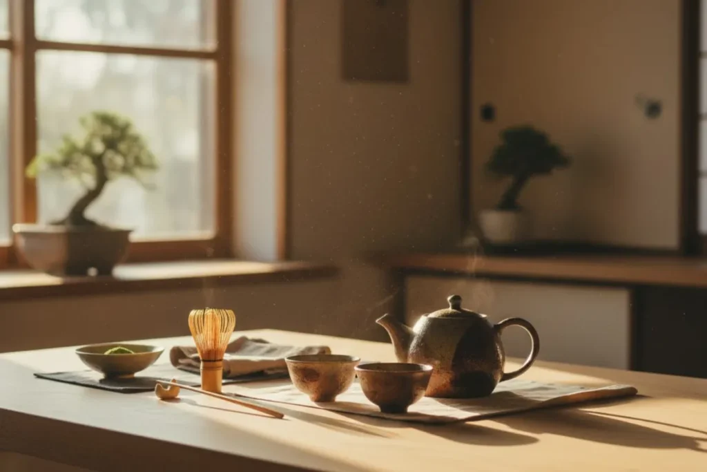 Cerimônia de chá minimalista com luz de entardecer, simbolizando a paz e a introspecção do Horóscopo Chinês.