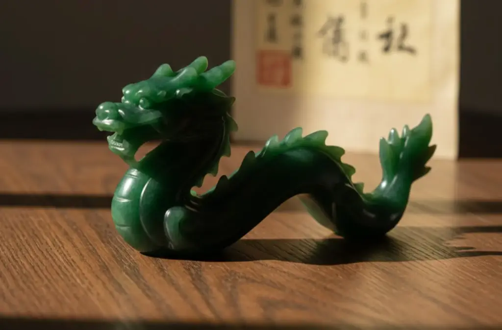Escultura de dragão em jade representando as tendências e a sabedoria do Horóscopo Chinês.
