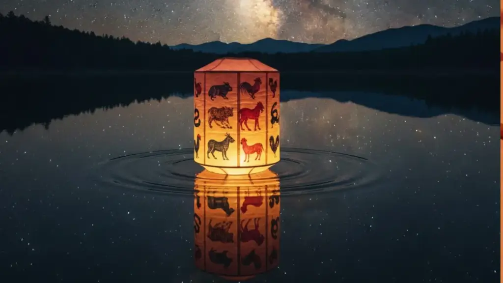 Lanterna chinesa flutuando em águas calmas sob um céu estrelado de Lua Nova.