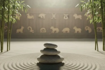 ardim zen com pedras equilibradas representando a harmonia e o equilíbrio comportamental no horóscopo chinês.