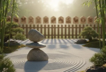 Jardim zen com pedras equilibradas representando a harmonia e os ciclos do Horóscopo Chinês.