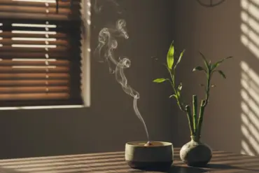 Incensário e ramos de bambu em ambiente sereno, simbolizando a introspecção e o equilíbrio do Horóscopo Chinês.