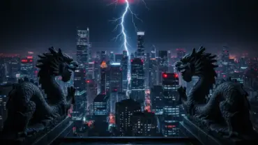 Raios cortando o céu sobre cidade moderna simbolizando a energia radical do Horóscopo Chinês.