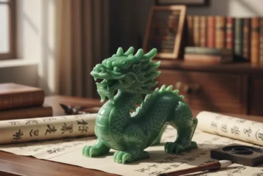 Escultura de dragão em jade e itens de caligrafia chinesa representando a interpretação dos ciclos diários.