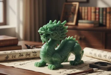 Escultura de dragão em jade e itens de caligrafia chinesa representando a interpretação dos ciclos diários.