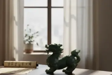 Escultura detalhada em pedra verde e elementos de caligrafia tradicional chinesa em ambiente iluminado.