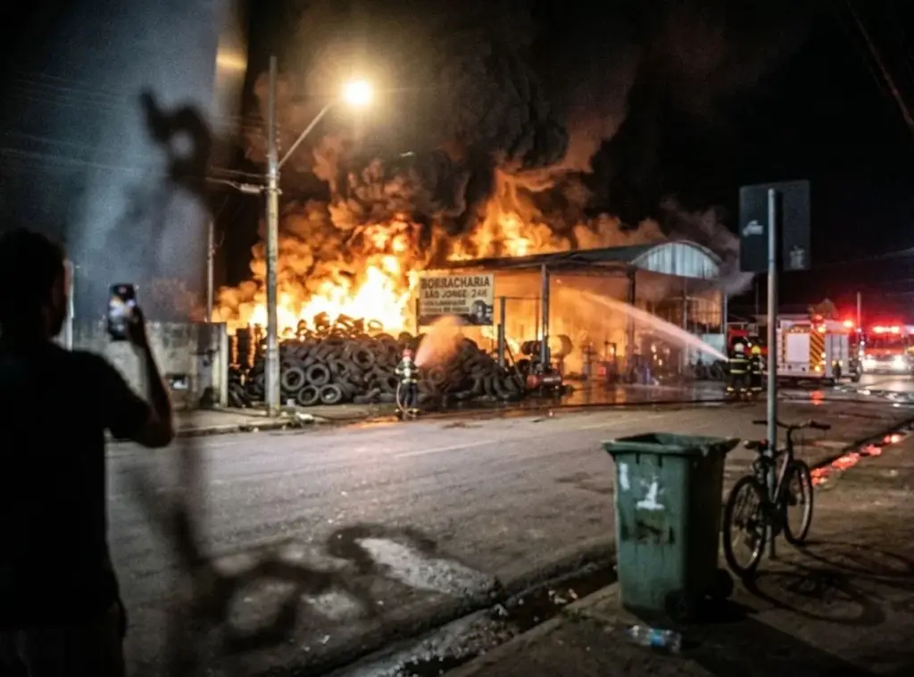 Incêndio de grandes proporções em uma borracharia durante a noite, com chamas altas, fumaça densa e bombeiros combatendo o fogo com mangueiras.