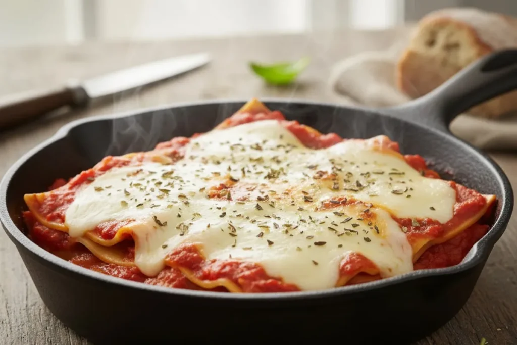 Lasanha de frigideira com queijo derretido e molho de tomate em uma mesa de madeira.