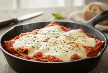 Lasanha de frigideira com queijo derretido e molho de tomate em uma mesa de madeira.