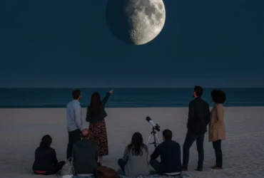 Lua em fase Quarto Minguante dividida exatamente ao meio em céu diurno.