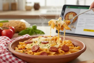 Macarrão cremoso com calabresa pronto, representando um almoço rápido e fácil, com destaque para o queijo derretido e molho encorpado.