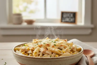 Macarrão cremoso de uma panela só pronto, representando um almoço rápido e fácil, com destaque para ingredientes e cremosidade.