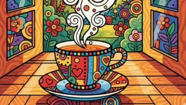 Detalhe de xícara em ambiente iluminado pelo sol da tarde sugerindo paz e descanso.