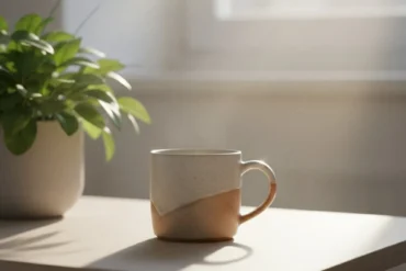 Mesa de madeira com luz solar suave e planta verde, representando o equilíbrio da mensagem do dia.