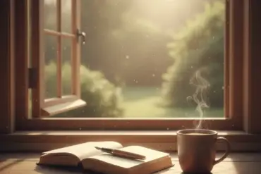 Cenário tranquilo com luz solar suave iluminando uma mesa de madeira com café e livro para reflexão matinal.