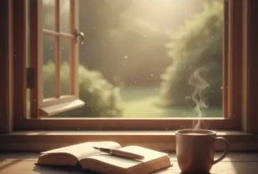 Cenário tranquilo com luz solar suave iluminando uma mesa de madeira com café e livro para reflexão matinal.