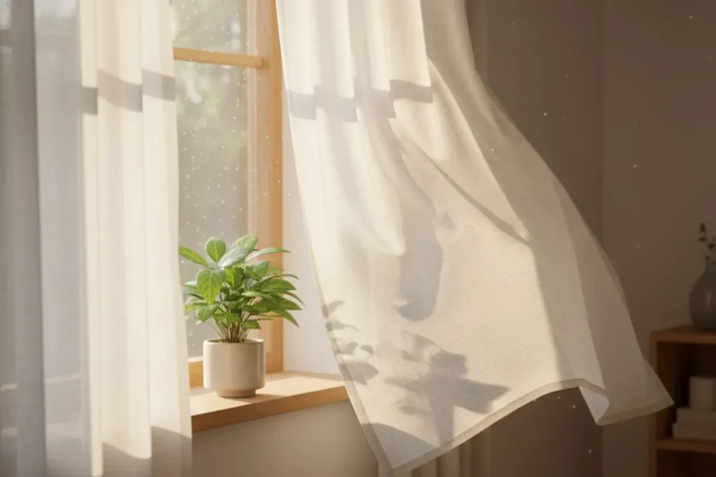 Janela com cortina clara e luz solar suave de manhã para reflexão do dia sobre paz.