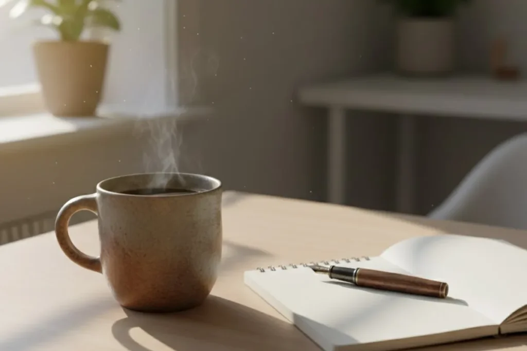 Mesa de madeira com café e caderno em ambiente iluminado para reflexão matinal.