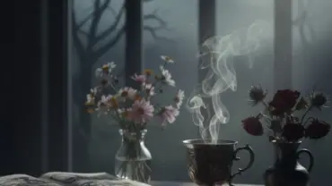 Mesa de madeira com café e livro aberto sob luz suave para reflexão matinal.