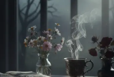 Mesa de madeira com café e livro aberto sob luz suave para reflexão matinal.