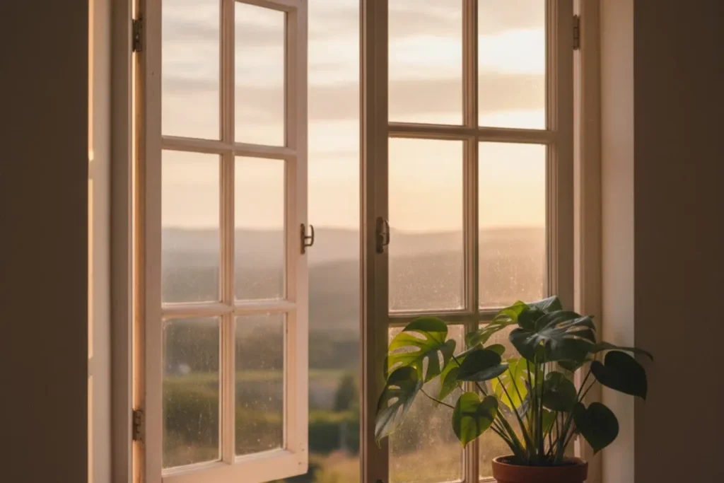 Janela iluminada pelo sol suave transmitindo paz e reflexão do dia.