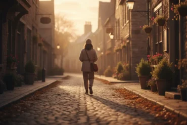 pessoa caminhando devagar ao entardecer em clima de reflexão
