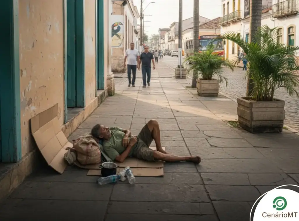 Pessoa em situação de rua deitada na calçada