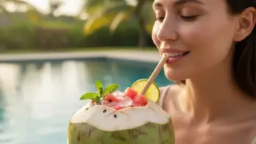 Mulher tomando suco de melancia com água de coco